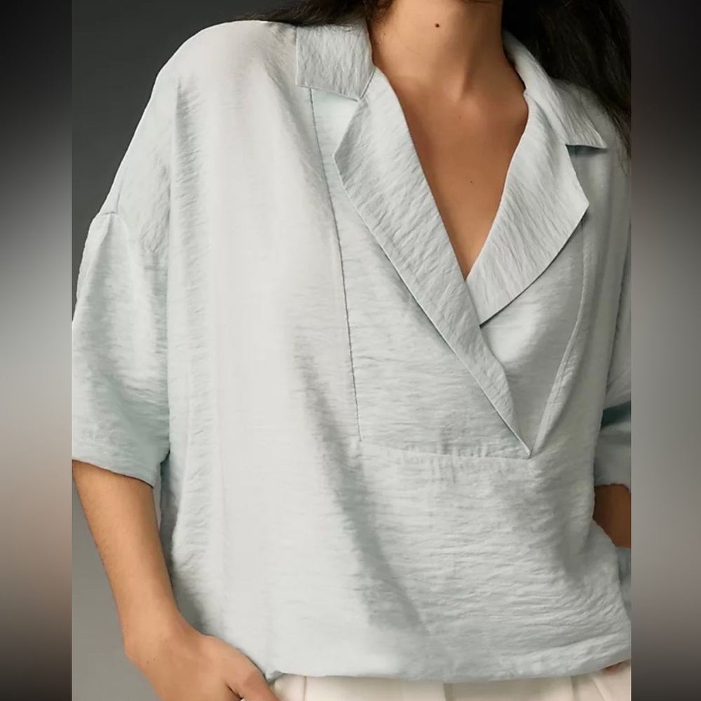 Anthropologie Dylon Short-Sleeve Wide-Placket Top Blouse Light Blue Women's S